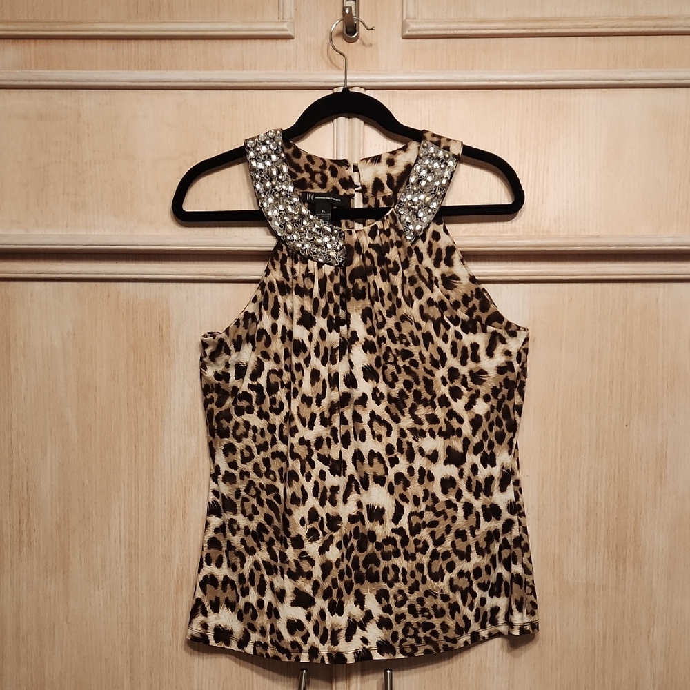 INC International Concepts Bejeweled Leopard Print Halter Tank - Beige/Brown XL